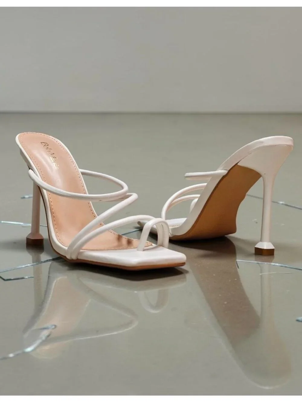 Strappy White High Heel Mules With Square Toe & Slim Stiletto Heels For Women - Picture 1 of 14